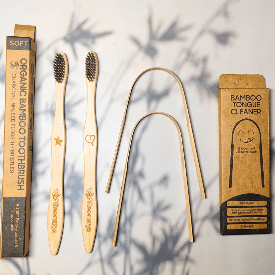 Greenarys Bamboo Toothbrush with Charcoal Bristles & Bamboo Tongue Cleaner Combo | Eco-Friendly Oral Care Kit - Greenarys