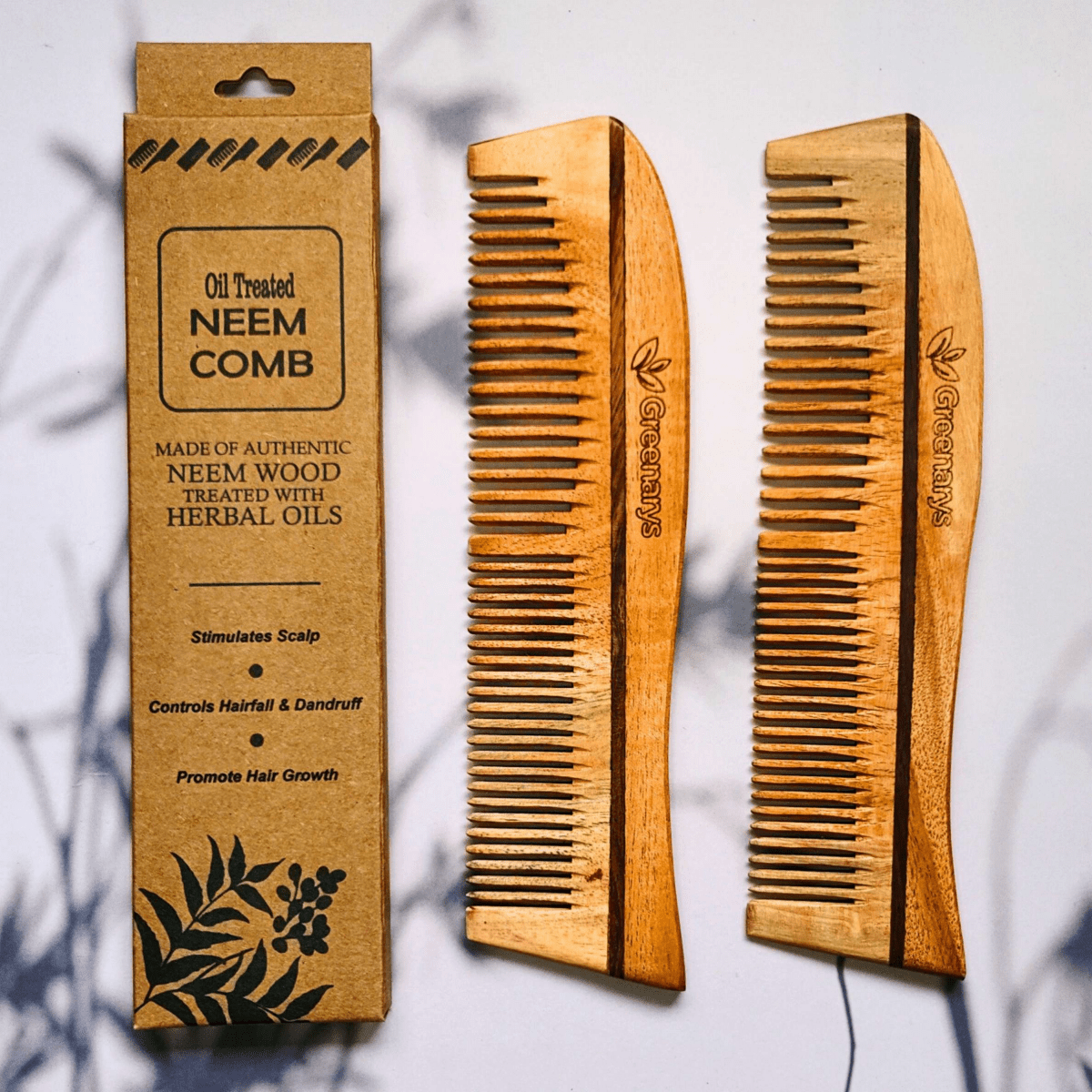 Greenarys Bina Comb | Oil Treated Neem Wood Hair Comb | Dual Tooth Wooden Comb for Daily Hair Care - Greenarys