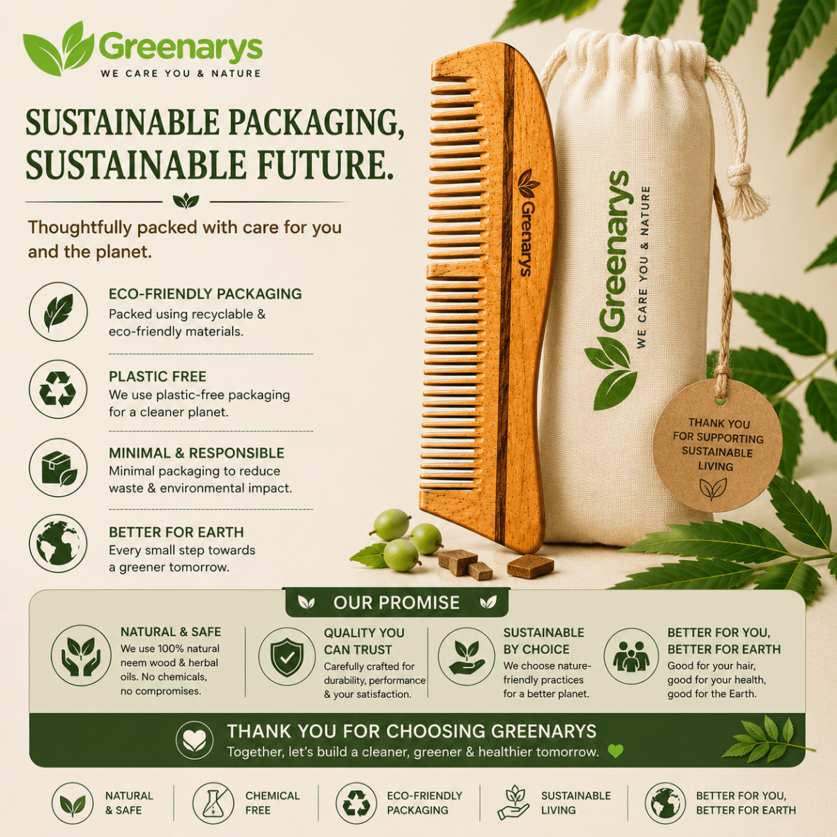 Greenarys Bina Comb | Oil Treated Neem Wood Hair Comb | Dual Tooth Wooden Comb for Daily Hair Care - Greenarys
