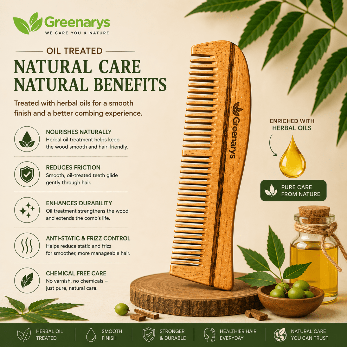 Greenarys Bina Comb | Oil Treated Neem Wood Hair Comb | Dual Tooth Wooden Comb for Daily Hair Care - Greenarys