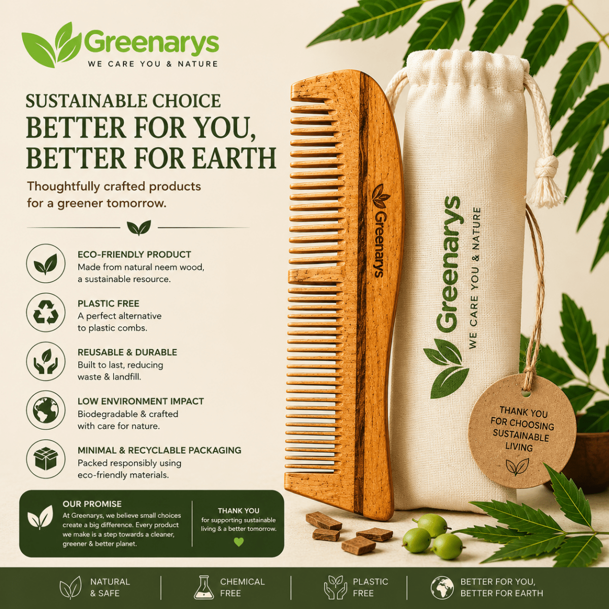 Greenarys Bina Comb | Oil Treated Neem Wood Hair Comb | Dual Tooth Wooden Comb for Daily Hair Care - Greenarys