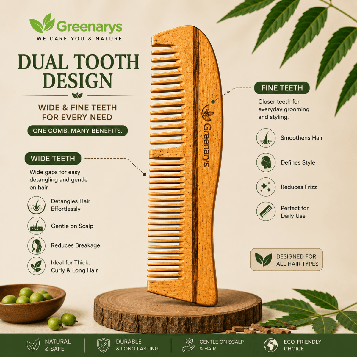 Greenarys Bina Comb | Oil Treated Neem Wood Hair Comb | Dual Tooth Wooden Comb for Daily Hair Care - Greenarys