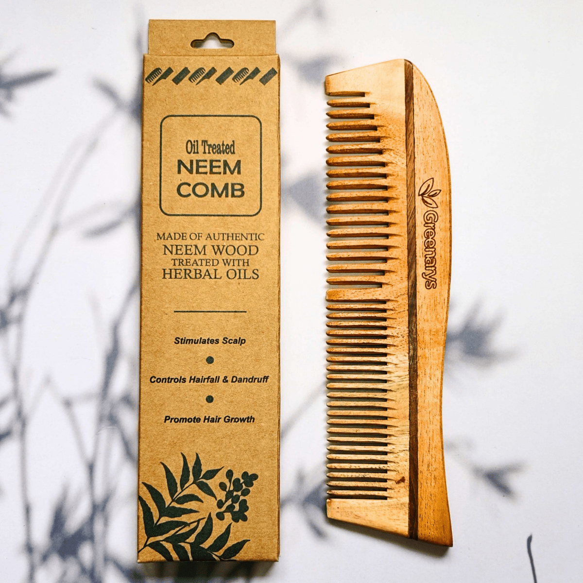 Greenarys Bina Comb | Oil Treated Neem Wood Hair Comb | Dual Tooth Wooden Comb for Daily Hair Care - Greenarys