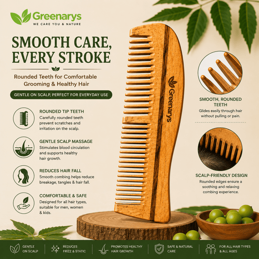 Greenarys Bina Comb | Oil Treated Neem Wood Hair Comb | Dual Tooth Wooden Comb for Daily Hair Care - Greenarys