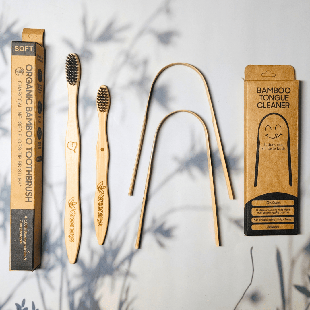 Greenarys Family Oral Care Starter Kit | Adult Bamboo Toothbrush, Kids Bamboo Toothbrush, Bamboo Tongue Cleaner, Eco-Friendly Packaging - Greenarys