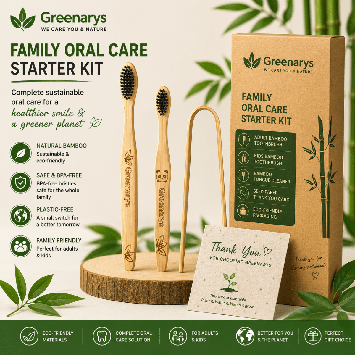 Greenarys Family Oral Care Starter Kit | Adult Bamboo Toothbrush, Kids Bamboo Toothbrush, Bamboo Tongue Cleaner, Eco-Friendly Packaging - Greenarys