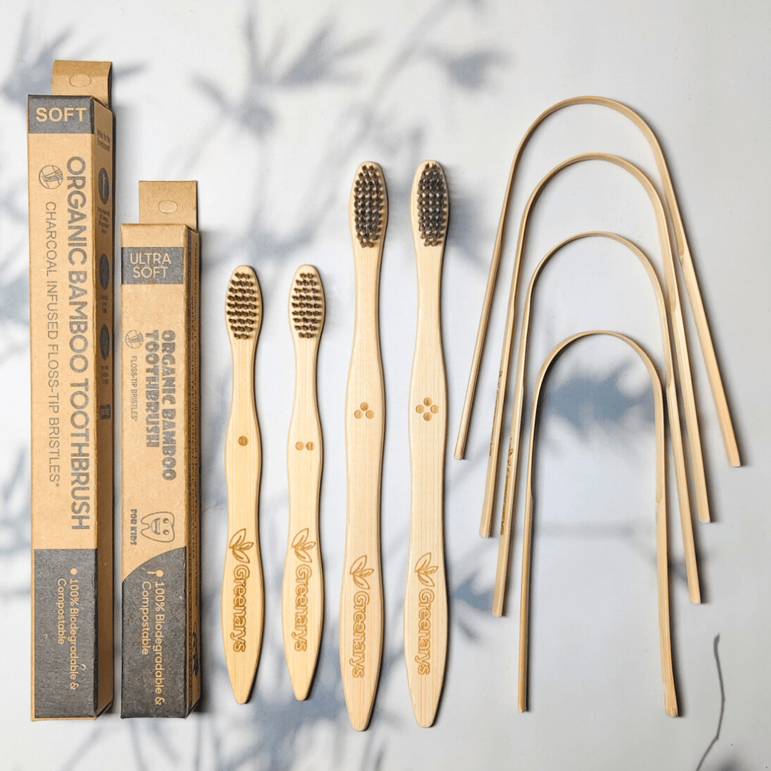 Greenarys Family Oral Care Starter Kit | Adult Bamboo Toothbrush, Kids Bamboo Toothbrush, Bamboo Tongue Cleaner, Eco-Friendly Packaging - Greenarys