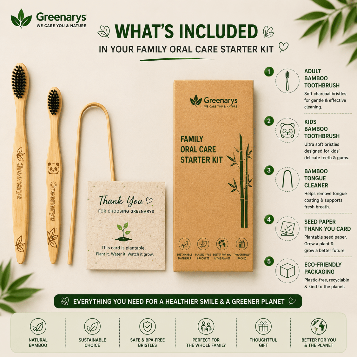 Greenarys Family Oral Care Starter Kit | Adult Bamboo Toothbrush, Kids Bamboo Toothbrush, Bamboo Tongue Cleaner, Eco-Friendly Packaging - Greenarys