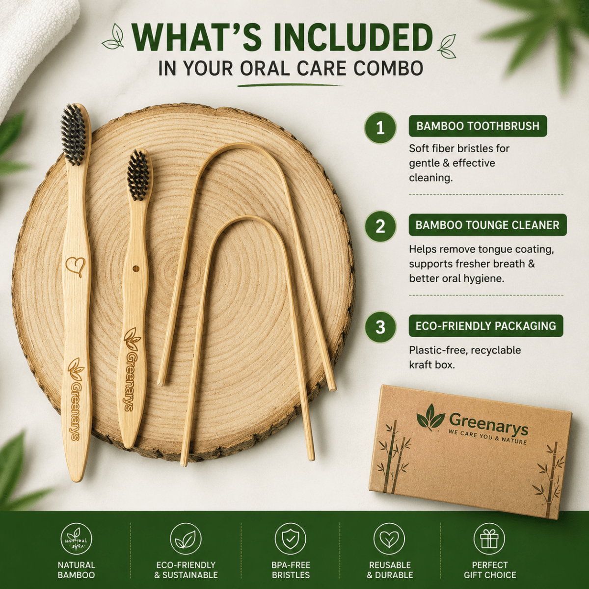 Greenarys Family Oral Care Starter Kit | Adult Bamboo Toothbrush, Kids Bamboo Toothbrush, Bamboo Tongue Cleaner, Eco-Friendly Packaging - Greenarys