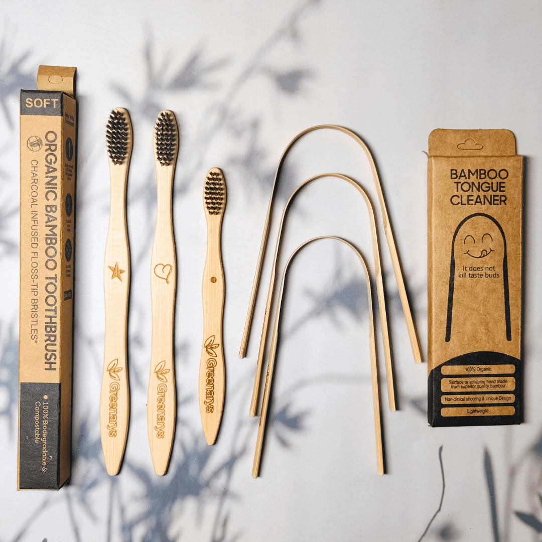Greenarys Family Oral Care Starter Kit | Adult Bamboo Toothbrush, Kids Bamboo Toothbrush, Bamboo Tongue Cleaner, Eco-Friendly Packaging - Greenarys