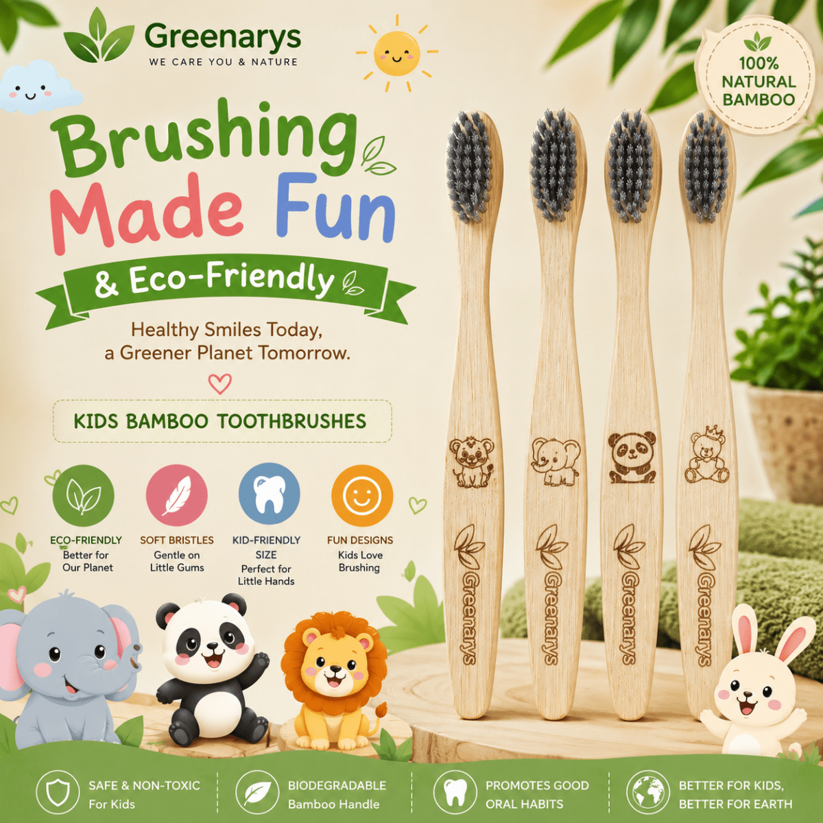 Greenarys Kids Bamboo Toothbrush | Soft Charcoal Bristles | Eco-Friendly & BPA-Free Toothbrush for Children | Cute Animal Design - Greenarys
