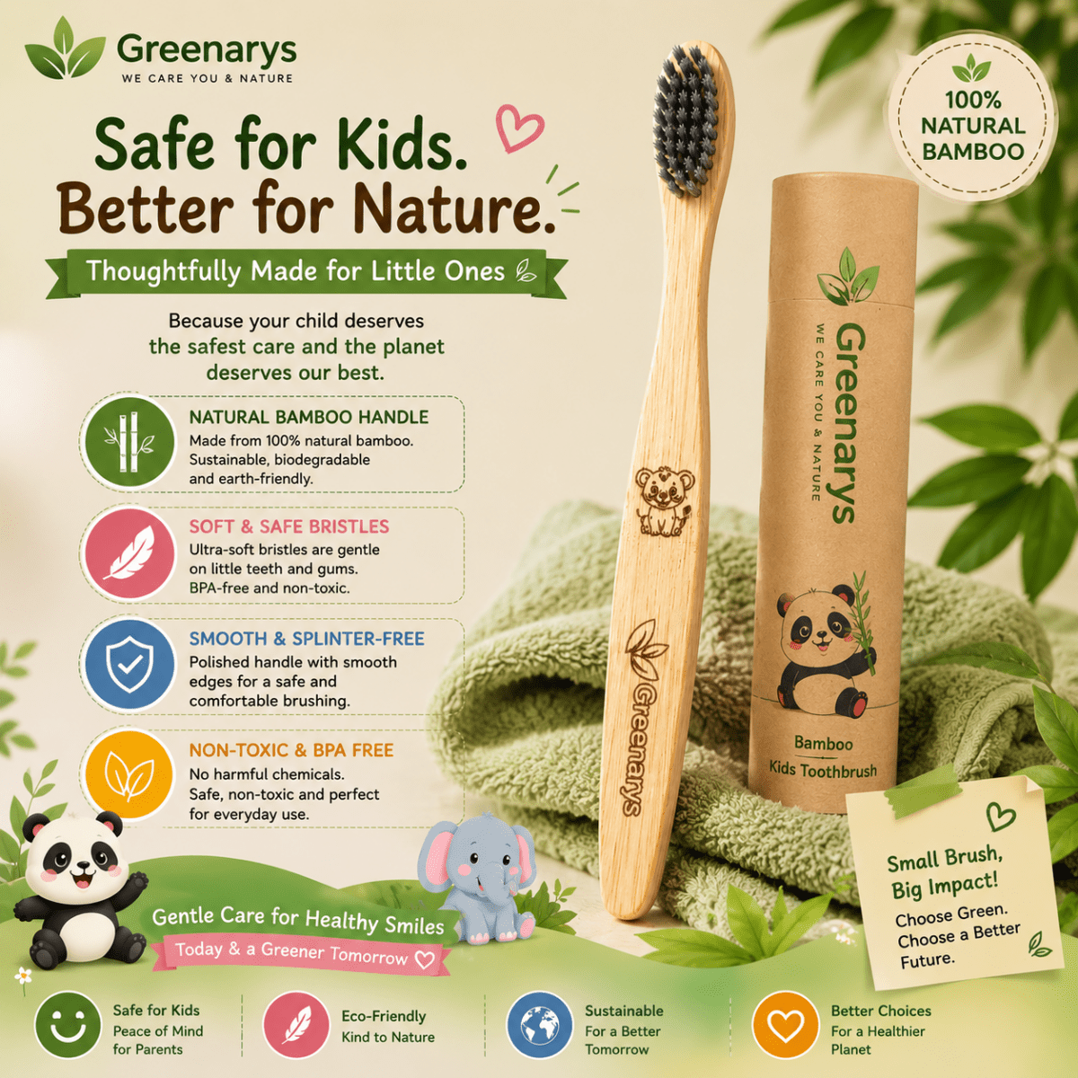 Greenarys Kids Bamboo Toothbrush | Ultra Soft Charcoal Bristles Bottom Painted | Eco-Friendly & BPA-Free | Brush for Children - Greenarys
