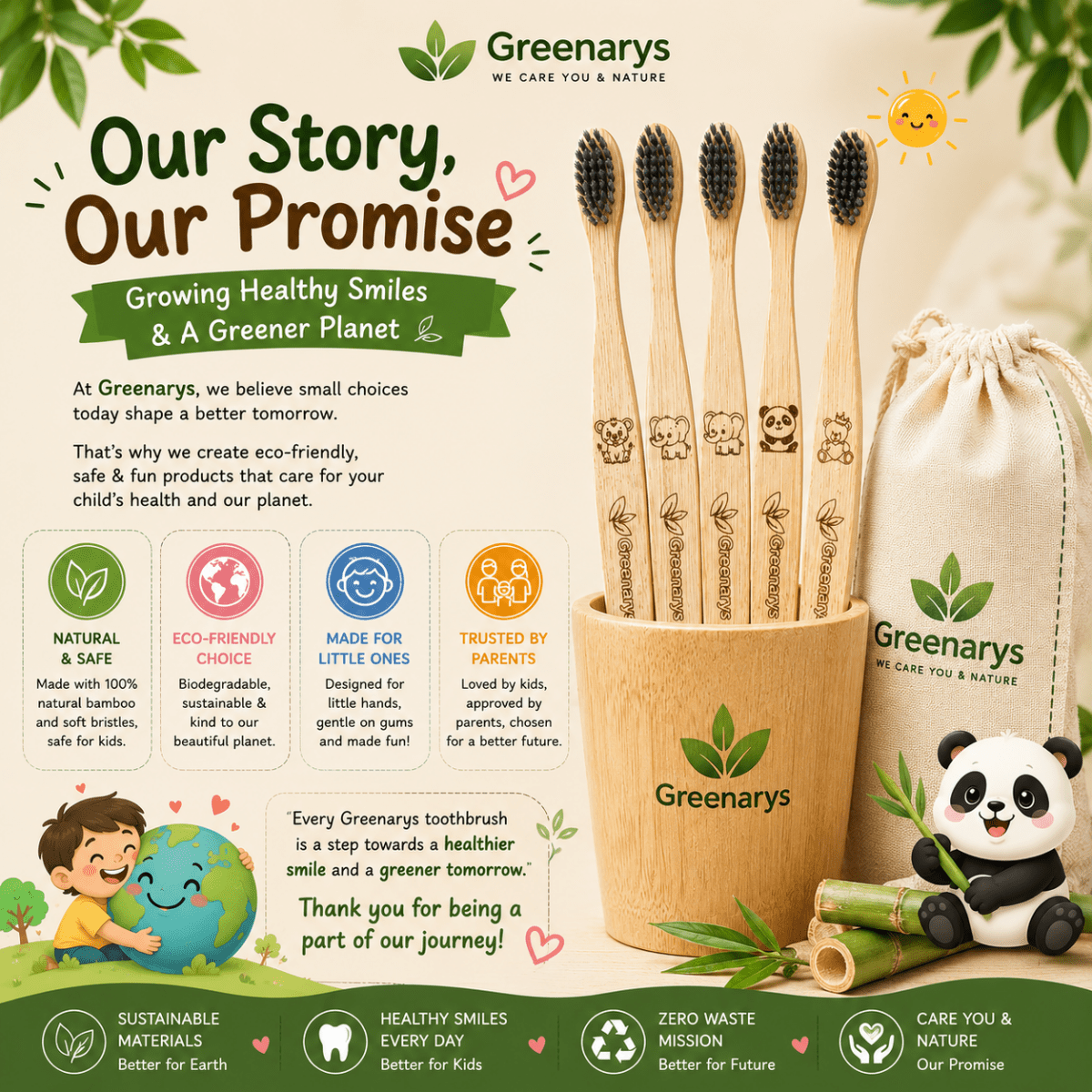 Greenarys Kids Bamboo Toothbrush | Ultra Soft Charcoal Bristles Bottom Painted | Eco-Friendly & BPA-Free | Brush for Children - Greenarys