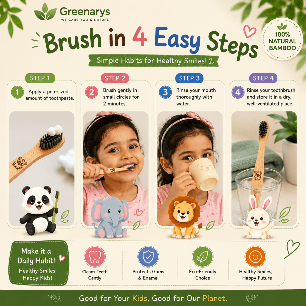 Greenarys Kids Bamboo Toothbrush | Ultra Soft Charcoal Bristles Bottom Painted | Eco-Friendly & BPA-Free | Brush for Children - Greenarys