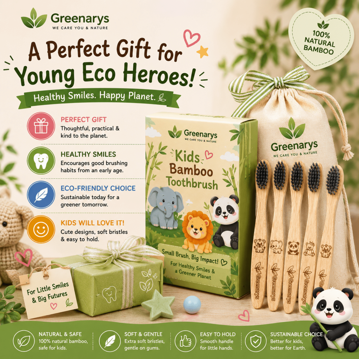 Greenarys Kids Bamboo Toothbrush | Ultra Soft Charcoal Bristles Bottom Painted | Eco-Friendly & BPA-Free | Brush for Children - Greenarys