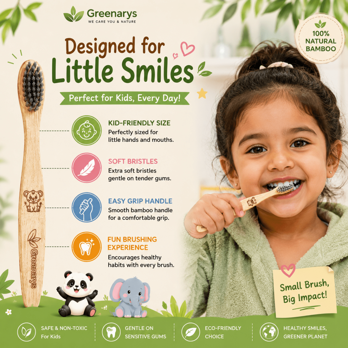 Greenarys Kids Bamboo Toothbrush | Ultra Soft Charcoal Bristles Bottom Painted | Eco-Friendly & BPA-Free | Brush for Children - Greenarys