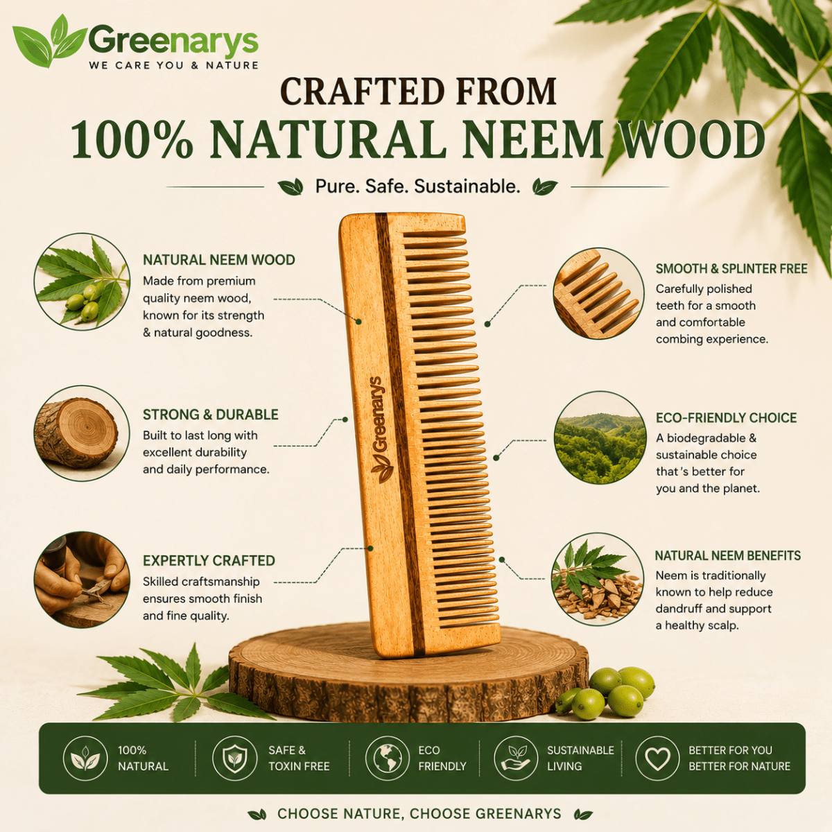 Greenarys Lily Comb | Oil Treated Neem Wood Dual Tooth Hair Comb | Wide & Fine Teeth Wooden Comb for Daily Hair Care - Greenarys
