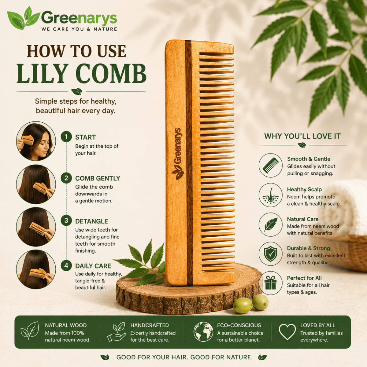 Greenarys Lily Comb | Oil Treated Neem Wood Dual Tooth Hair Comb | Wide & Fine Teeth Wooden Comb for Daily Hair Care - Greenarys