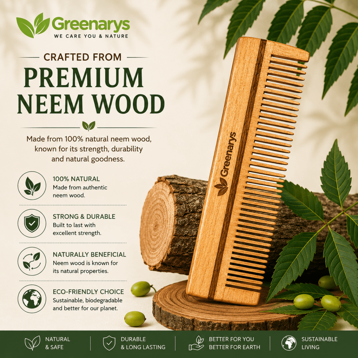 Greenarys Lily Comb | Oil Treated Neem Wood Dual Tooth Hair Comb | Wide & Fine Teeth Wooden Comb for Daily Hair Care - Greenarys