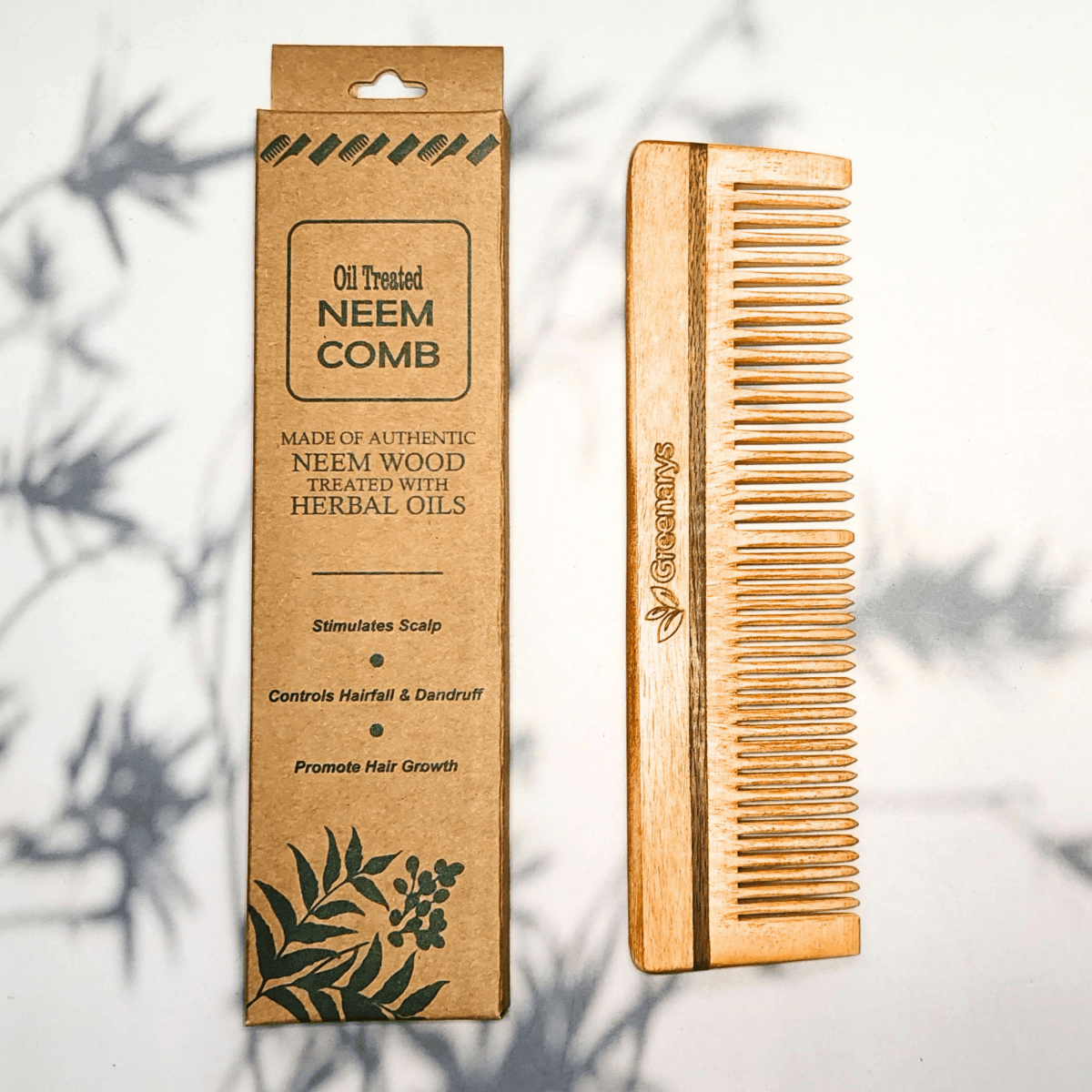 Greenarys Lily Comb | Oil Treated Neem Wood Dual Tooth Hair Comb | Wide & Fine Teeth Wooden Comb for Daily Hair Care - Greenarys
