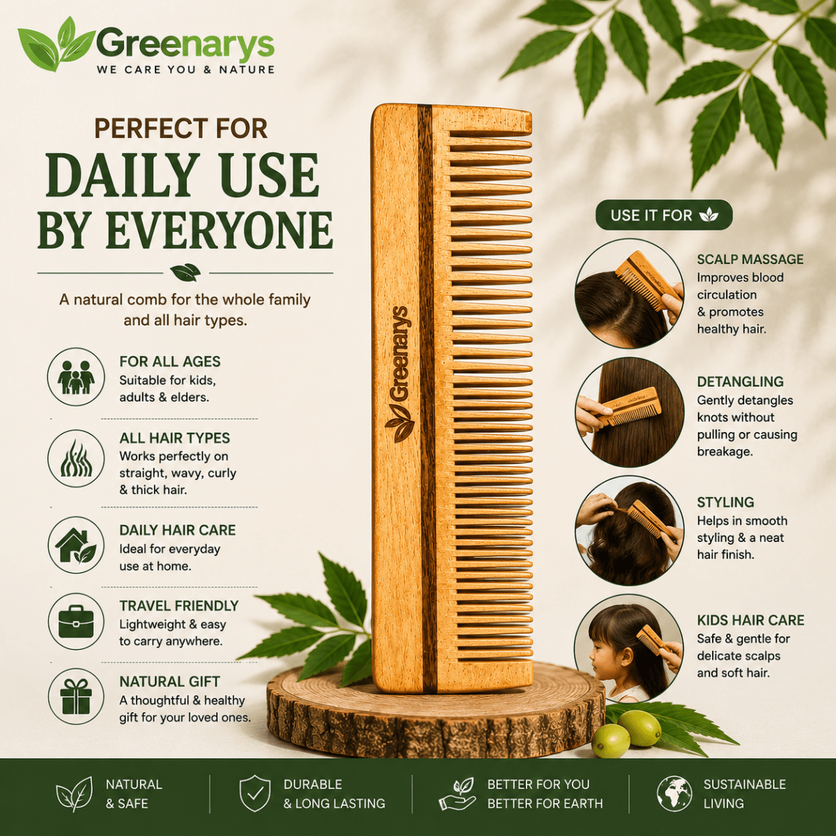 Greenarys Lily Comb | Oil Treated Neem Wood Dual Tooth Hair Comb | Wide & Fine Teeth Wooden Comb for Daily Hair Care - Greenarys