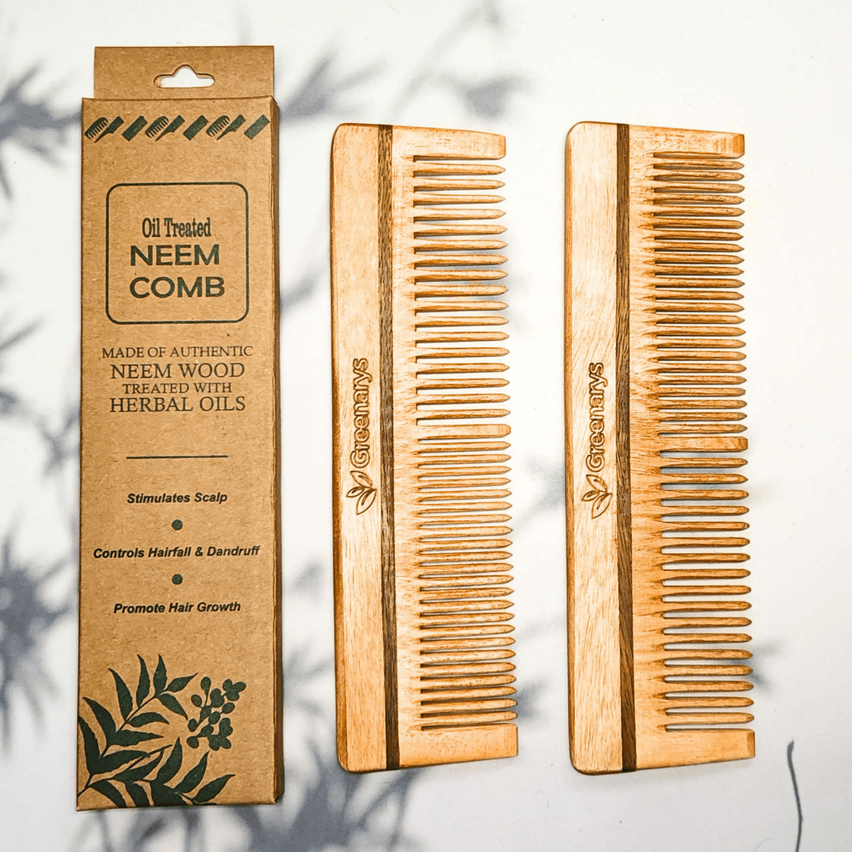 Greenarys Lily Comb | Oil Treated Neem Wood Dual Tooth Hair Comb | Wide & Fine Teeth Wooden Comb for Daily Hair Care - Greenarys