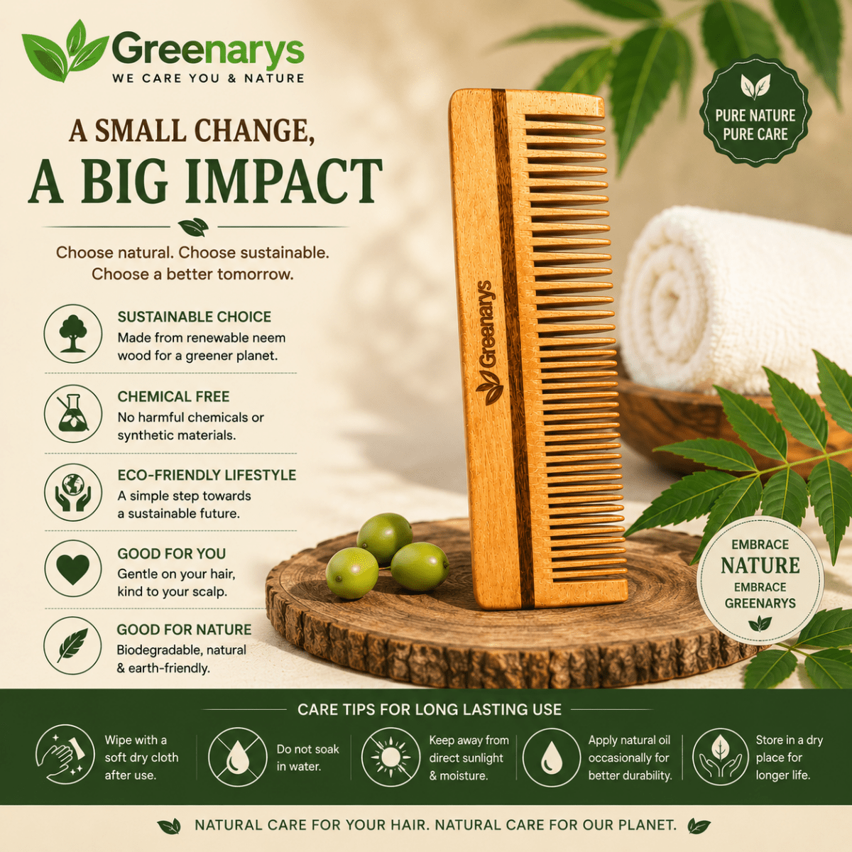Greenarys Lily Comb | Oil Treated Neem Wood Dual Tooth Hair Comb | Wide & Fine Teeth Wooden Comb for Daily Hair Care - Greenarys