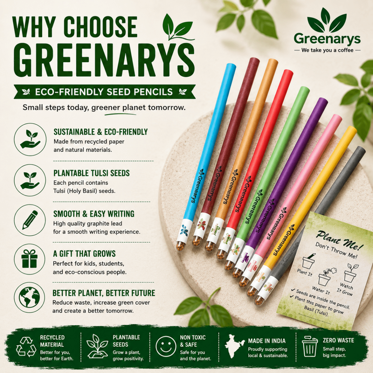 Greenarys Multicolor Paper Seed Pencil | Recycled Paper Plantable Pencil - Greenarys