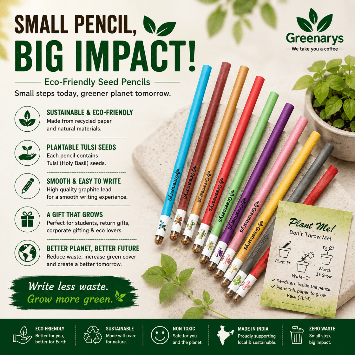 Greenarys Multicolor Paper Seed Pencil | Recycled Paper Plantable Pencil - Greenarys