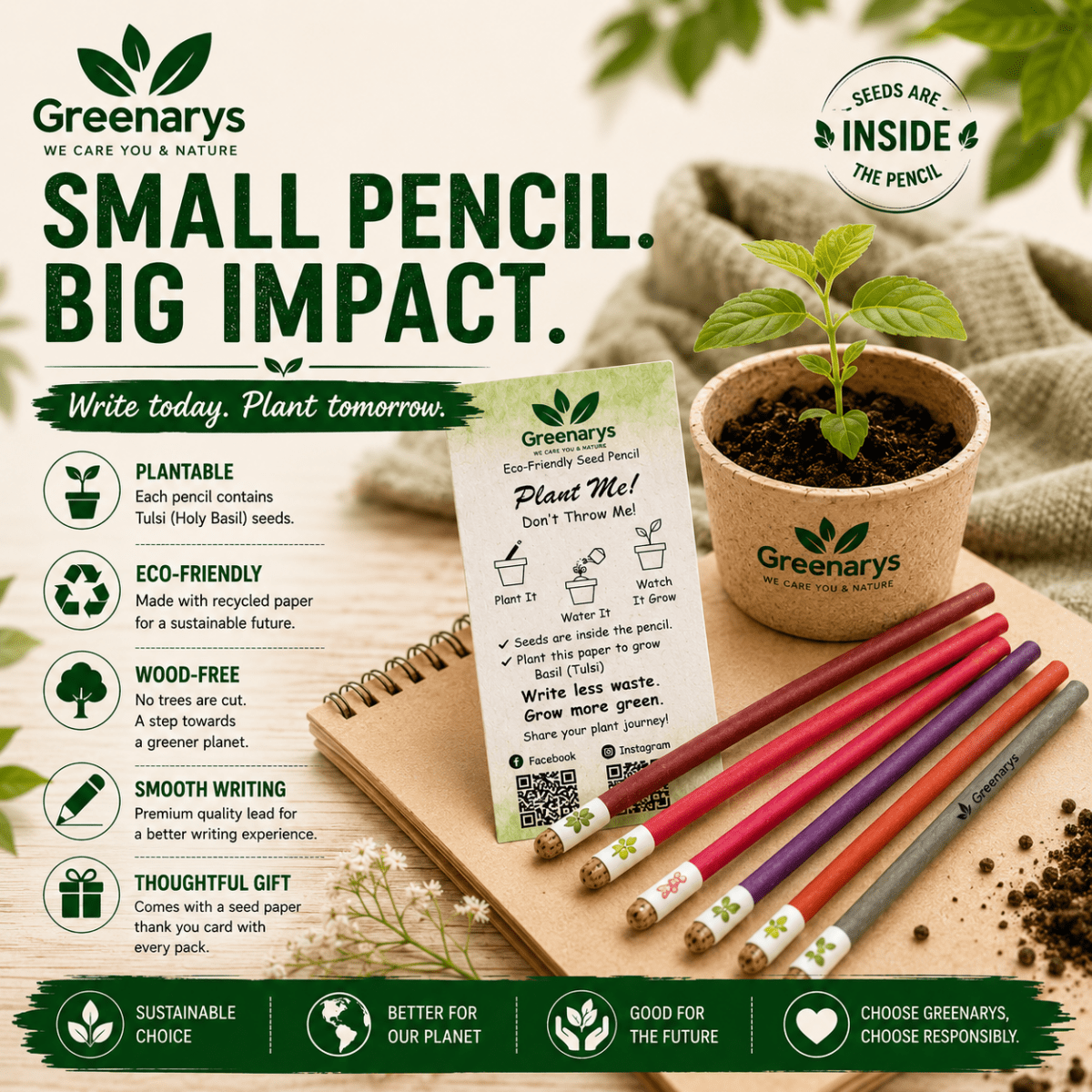 Greenarys Multicolor Paper Seed Pencil | Recycled Paper Plantable Pencil - Greenarys