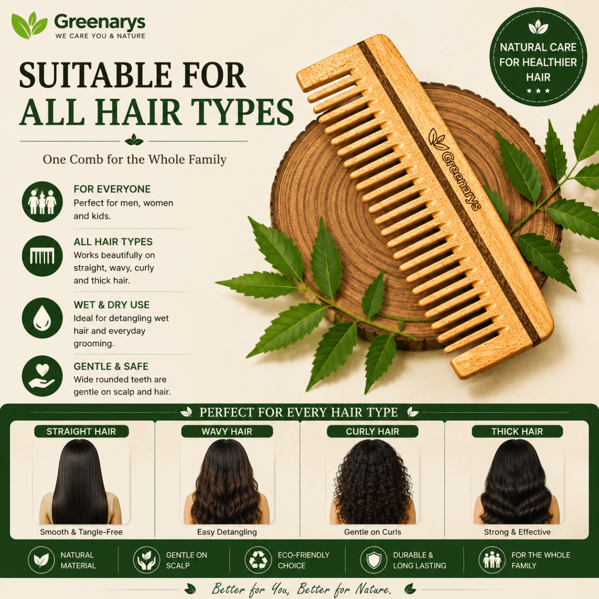 Greenarys Neem Wood Shampoo Comb | Oil Treated Wooden Wide Tooth Comb | Eco-Friendly Hair Care - Greenarys