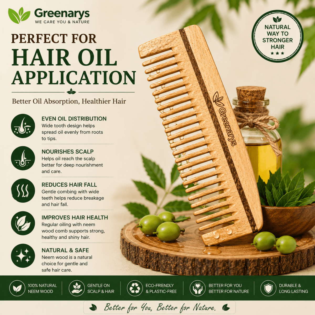 Greenarys Neem Wood Shampoo Comb | Oil Treated Wooden Wide Tooth Comb | Eco-Friendly Hair Care - Greenarys