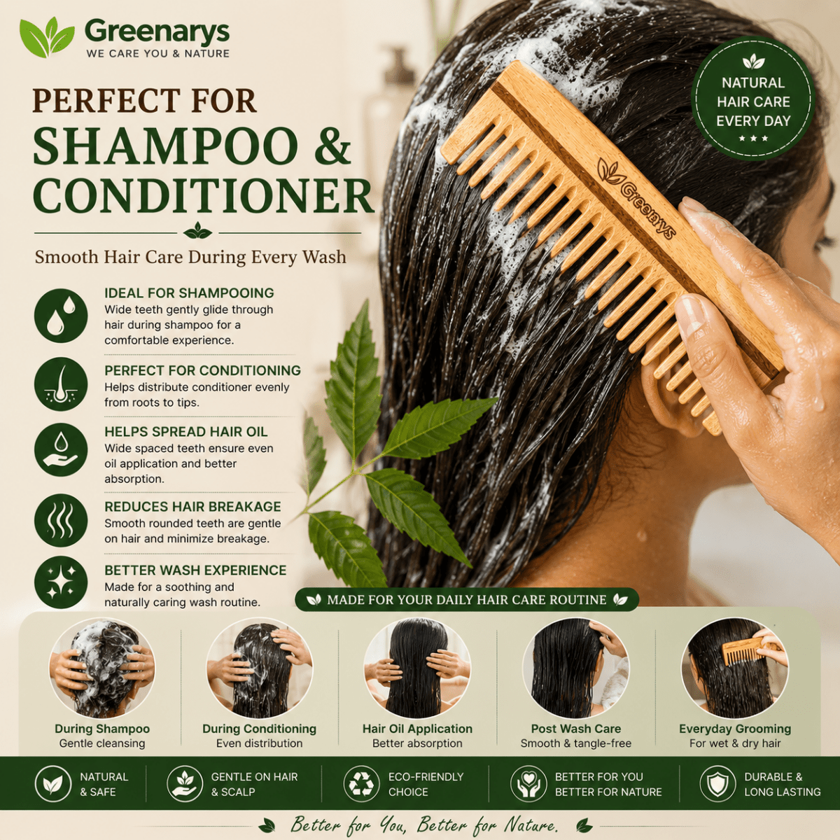 Greenarys Neem Wood Shampoo Comb | Oil Treated Wooden Wide Tooth Comb | Eco-Friendly Hair Care - Greenarys