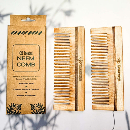 Greenarys Neem Wood Shampoo Comb | Oil Treated Wooden Wide Tooth Comb | Eco-Friendly Hair Care - Greenarys