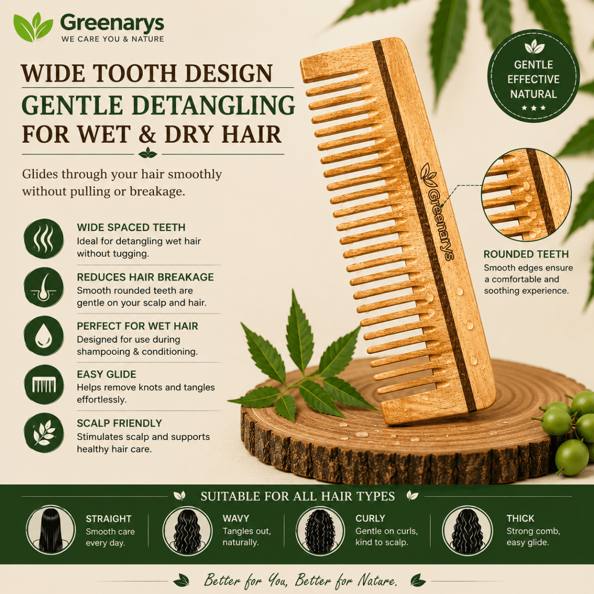 Greenarys Neem Wood Shampoo Comb | Oil Treated Wooden Wide Tooth Comb | Eco-Friendly Hair Care - Greenarys
