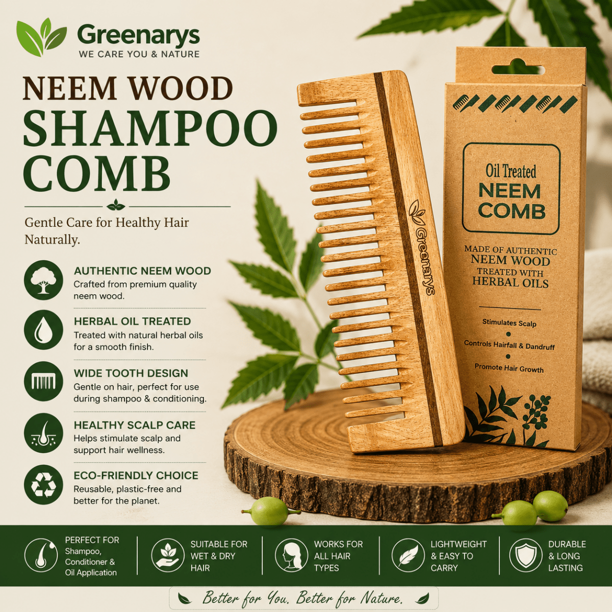 Greenarys Neem Wood Shampoo Comb | Oil Treated Wooden Wide Tooth Comb | Eco-Friendly Hair Care - Greenarys