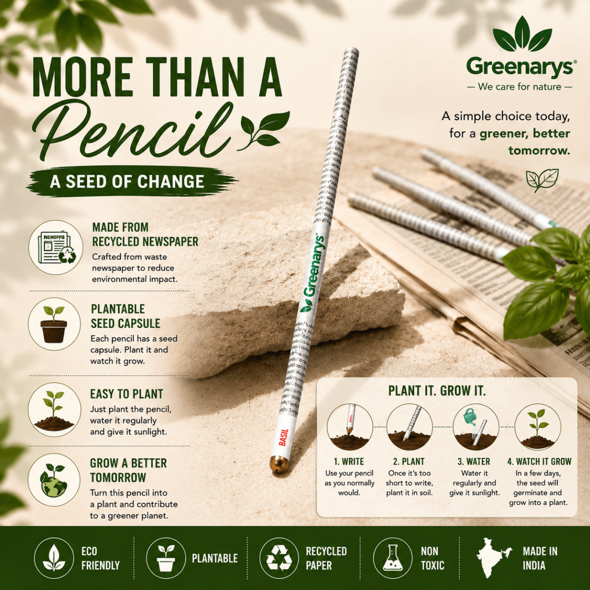 Greenarys Newspaper Seed Pencil | Recycled Newspaper Plantable Pencil - Greenarys
