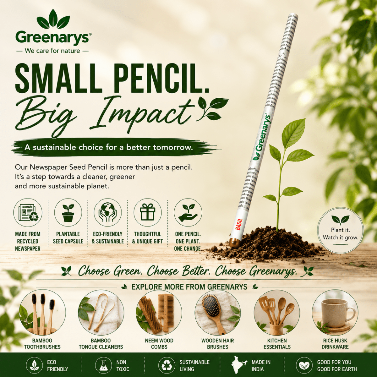 Greenarys Newspaper Seed Pencil | Recycled Newspaper Plantable Pencil - Greenarys