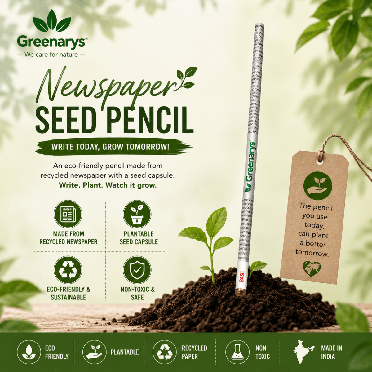Greenarys Newspaper Seed Pencil | Recycled Newspaper Plantable Pencil - Greenarys