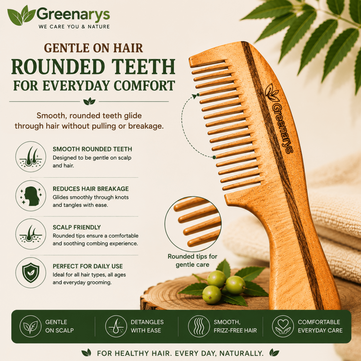Greenarys Premium Handle Neem Wood Comb | Oil Treated Wooden Hair Care - Greenarys