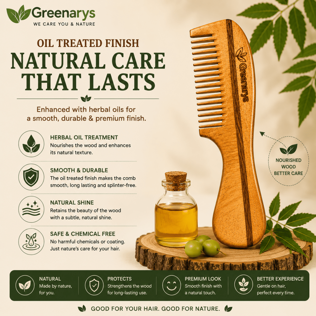 Greenarys Premium Handle Neem Wood Comb | Oil Treated Wooden Hair Care - Greenarys