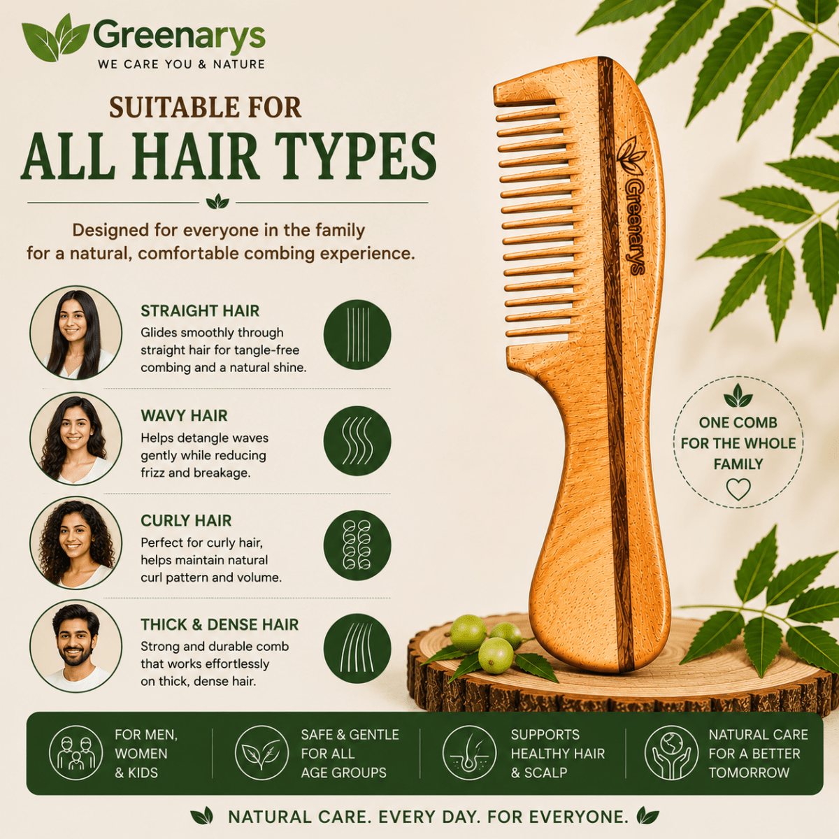 Greenarys Premium Handle Neem Wood Comb | Oil Treated Wooden Hair Care - Greenarys