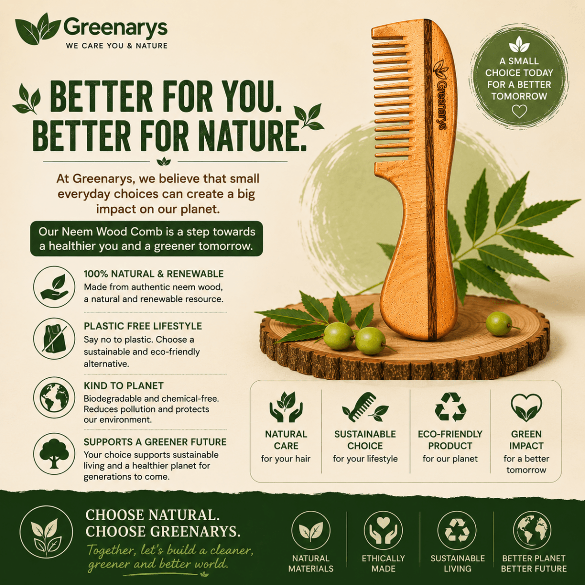 Greenarys Premium Handle Neem Wood Comb | Oil Treated Wooden Hair Care - Greenarys