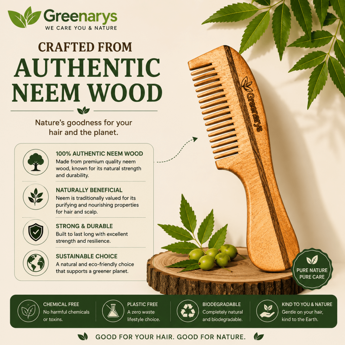 Greenarys Premium Handle Neem Wood Comb | Oil Treated Wooden Hair Care - Greenarys