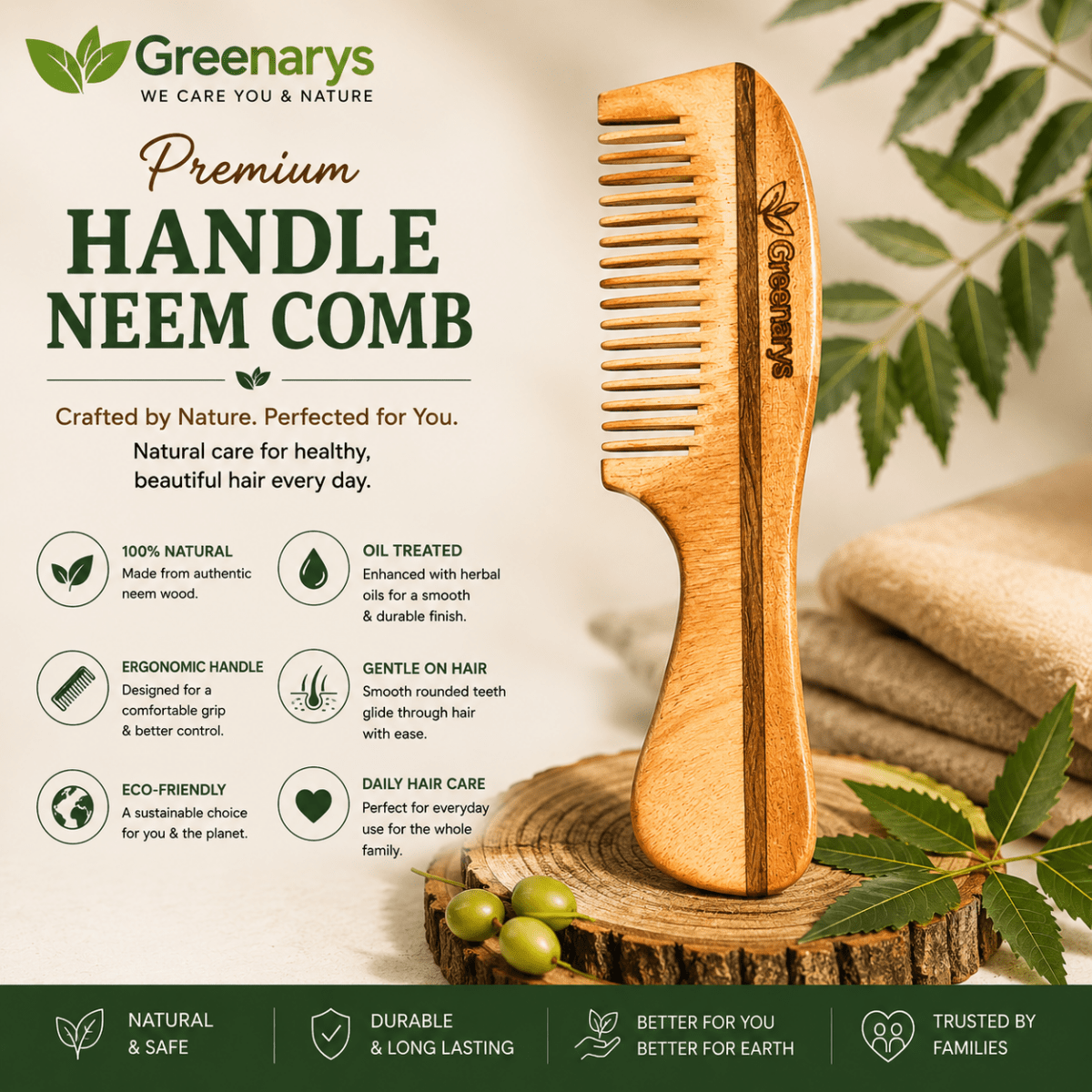 Greenarys Premium Handle Neem Wood Comb | Oil Treated Wooden Hair Care - Greenarys