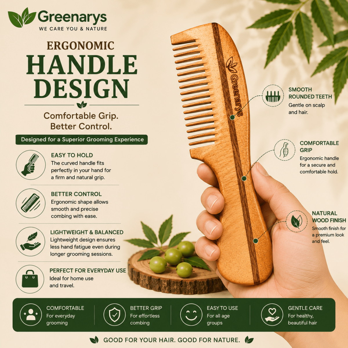 Greenarys Premium Handle Neem Wood Comb | Oil Treated Wooden Hair Care - Greenarys