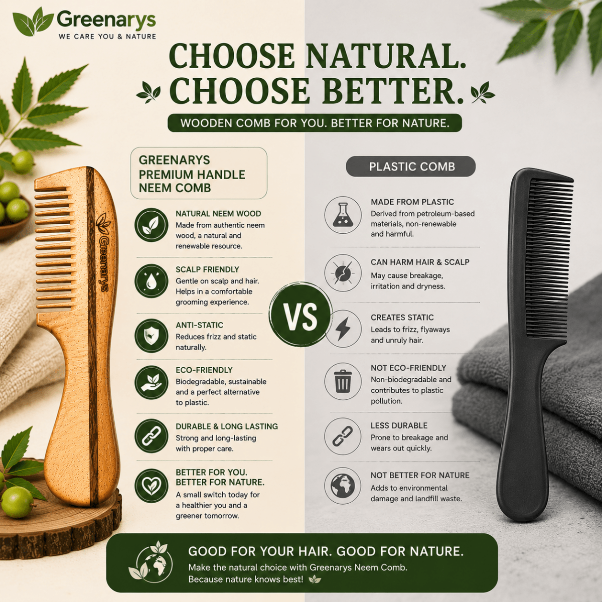 Greenarys Premium Handle Neem Wood Comb | Oil Treated Wooden Hair Care - Greenarys