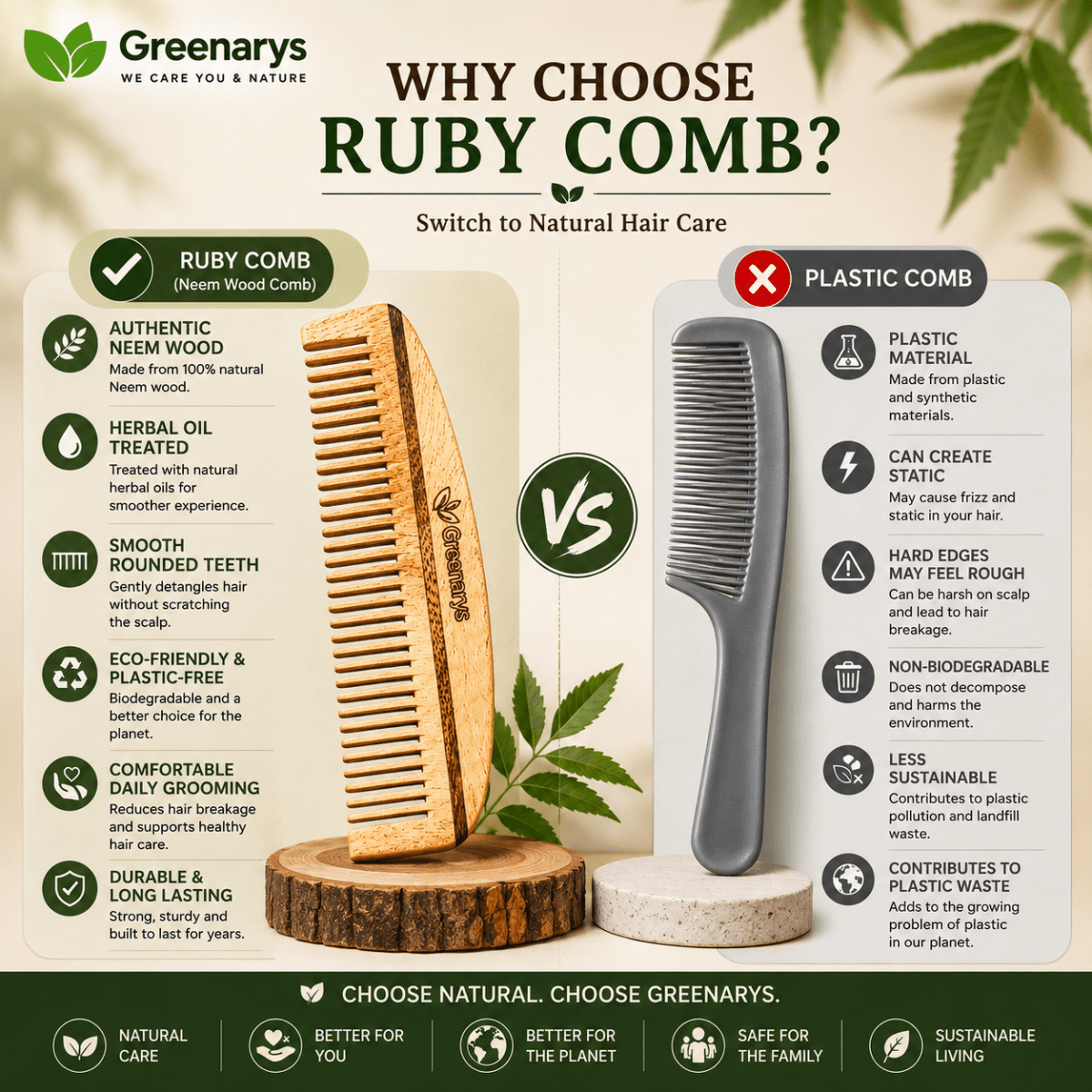 Greenarys Ruby Comb | Oil Treated Neem Wood Dual Tooth Hair Comb | Eco-Friendly Hair Grooming - Greenarys