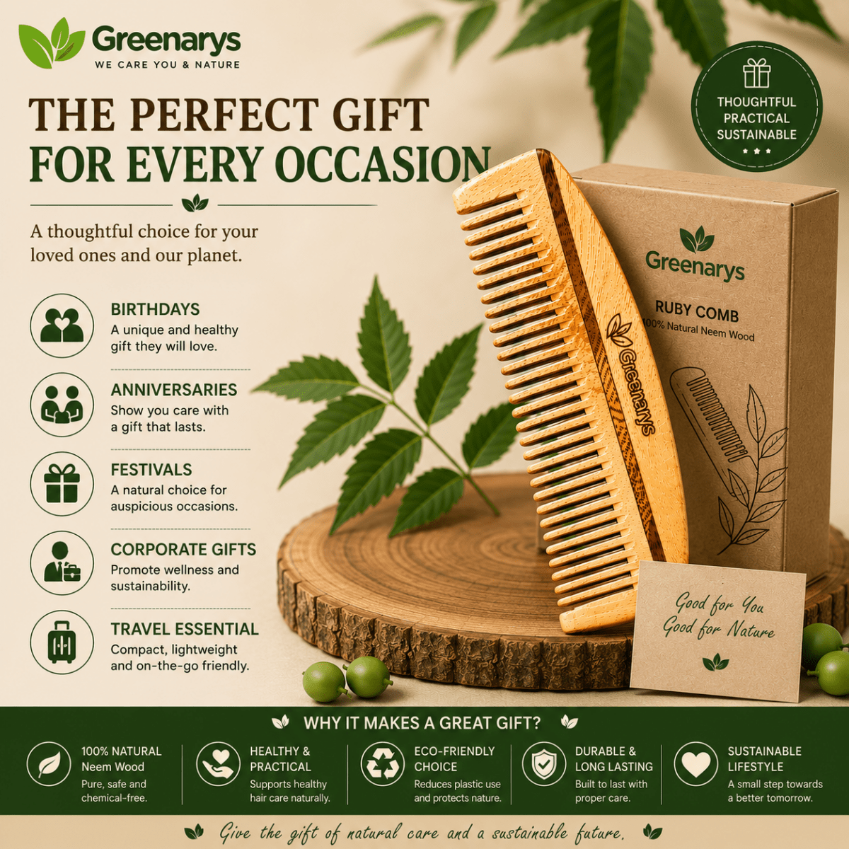 Greenarys Ruby Comb | Oil Treated Neem Wood Dual Tooth Hair Comb | Eco-Friendly Hair Grooming - Greenarys