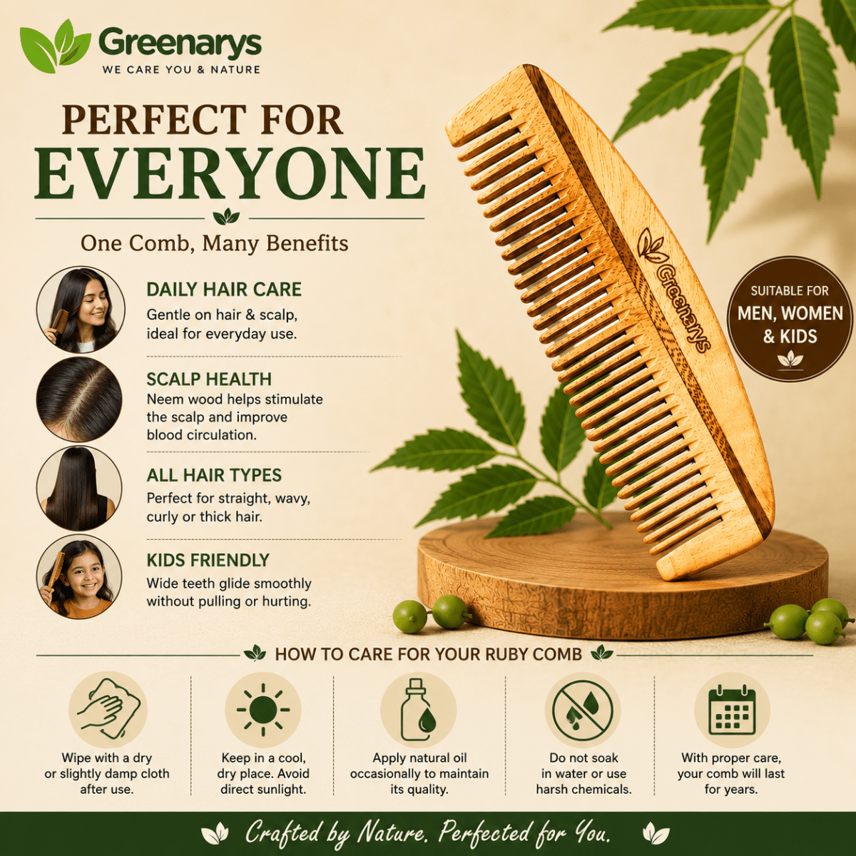 Greenarys Ruby Comb | Oil Treated Neem Wood Dual Tooth Hair Comb | Eco-Friendly Hair Grooming - Greenarys